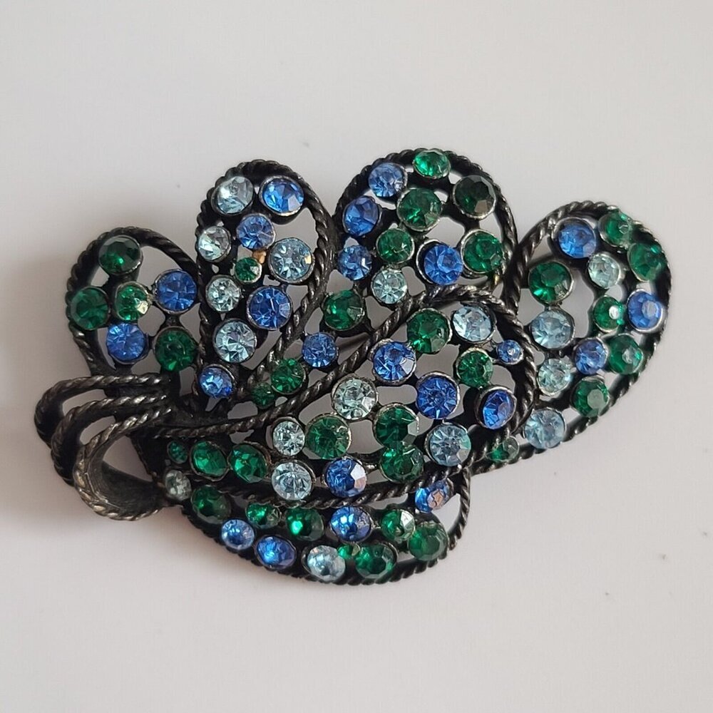 Kramer New York green blue black brooch pin tone rhinestone Retro Estate 3D NYC